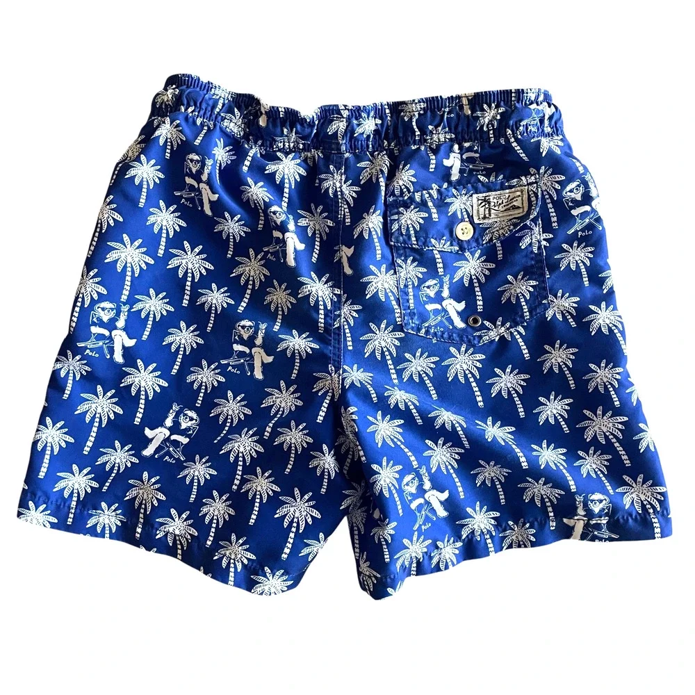 RALPH LAUREN Mens Size XS-S Blue Traveler POLO Bear Palm Trees Swim Trunks